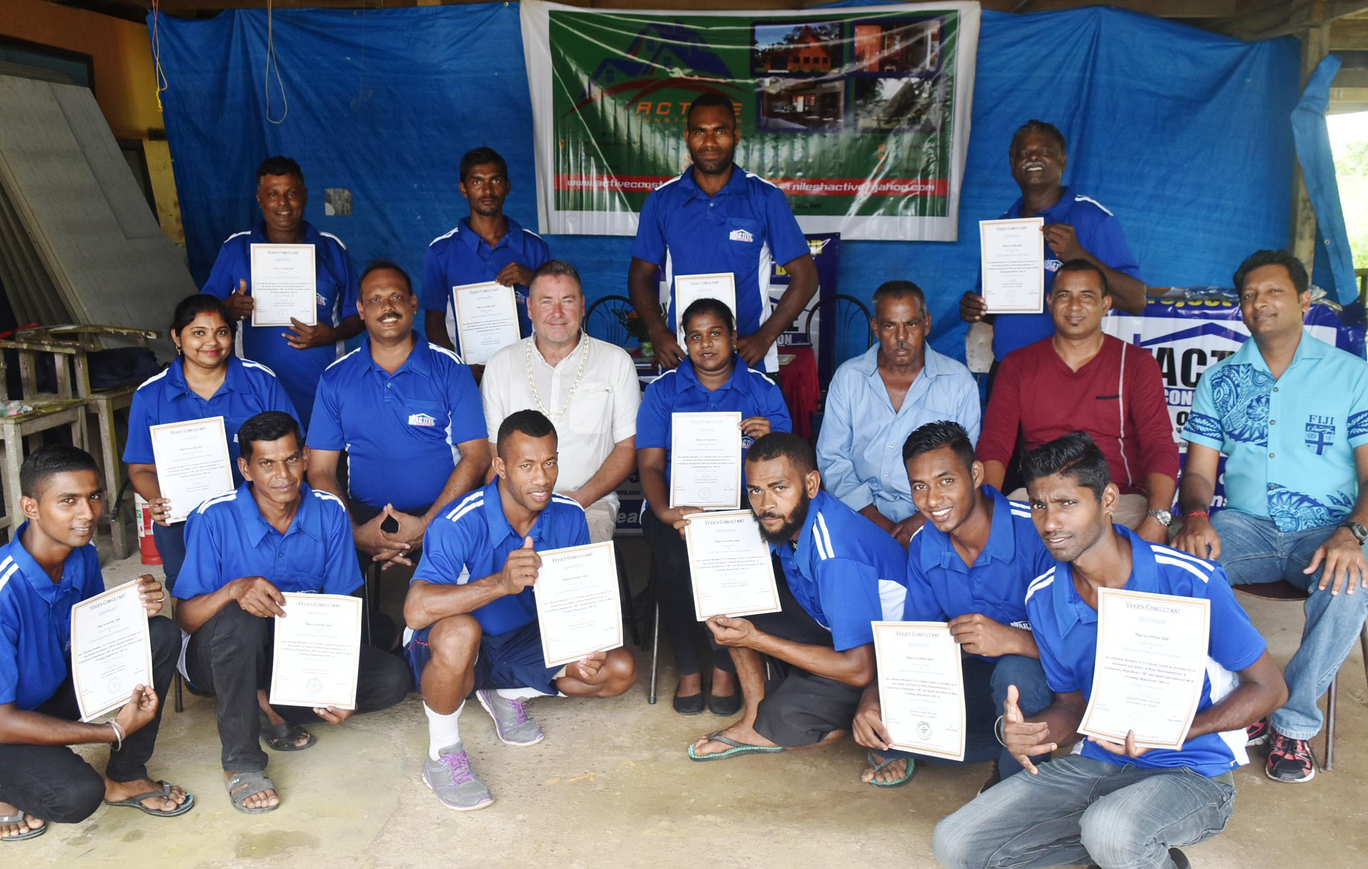 Active Construction continues to strive towards being a leading employer in Fiji within the construction industry. Amongst the many training programs carried out the picture above shows twelve employees that have just attended a 3 day workshop in Operational Health and Safety. The workshop was carried out by Mr Veer Chand of Veers Consultancy shown here together with the management of Active Construction and local businessman Mark Spurling who attended as Chief Guest.